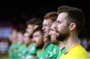 22 October 2016; Ireland captain Eóin Reilly and his team-mates during the National Anthem prior to the 2016 Senior Hurling/Shinty International Series match between Ireland and Scotland at Bught Park in Inverness, Scotland. Photo by Piaras Ó Mídheach/Sportsfile