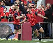 22 October 2016; Jaco Taute of Munster celebrates with team-mate Keith Earls after scoring their side's second try against Glasgow during the European Rugby Champions Cup Pool 1 Round 2 match between Munster and Glasgow Warriors at Thomond Park in Limerick. Photo by Brendan Moran/Sportsfile