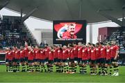 23 October 2016; Leinster players stand for a moments silence in memory of the late Munster head coach Anthony Foley prior to the European Rugby Champions Cup Pool 4 Round 2 match between Leinster and Montpellier at Altrad Stadium in Montpellier, France. Photo by Stephen McCarthy/Sportsfile