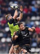 23 October 2016; Jamie Heaslip of Leinster takes possession in a lineout ahead of Paul Willemse of Montpellier during the European Rugby Champions Cup Pool 4 Round 2 match between Leinster and Montpellier at Altrad Stadium in Montpellier, France. Photo by Stephen McCarthy/Sportsfile