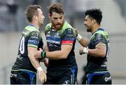 23 October 2016; Jack Carty of Connacht, left, celebrates after scoring his side's try with team-mates Jake Heenan, centre and Stacey Ili during the European Rugby Champions Cup Pool 2 Round 2 match between Zebre Rugby and Connacht Rugby at Stadio Lanfranchi in Parma. Photo by Roberto Bregani/Sportsfile