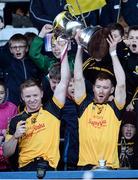 23 October 2016; Ramor Utd joint captains Jack Brady, left, and Damien Barkey lift the Oliver Plunkett Trophy following the Cavan County Senior Club Football Championship Final Replay match between Castlerahan and Ramor Utd at Kingspan Breffni Park in Cavan. Photo by Sam Barnes/Sportsfile