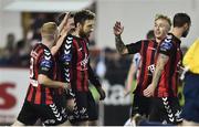 23 October 2016; Mark Quigley of Bohemians is congratulated by team-mates after scoring his side's first goal from the penalty spot during the SSE Airtricity League Premier Division game between Dundalk and Bohemians at Oriel Park in Dundalk. Photo by Sportsfile