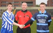 8 March 2011; Colaiste Bhride Carnew, Co. Wicklow, captain Martin O'Brien, left, shakes hands with Gallen Community School, Ferbane, Co. Offaly, captain Conor Lowry with referee Brendan Hickey before the game. Leinster Vocational Schools Senior Football “A” Final, Colaiste Bhride Carnew, Co. Wicklow v Gallen Community School, Ferbane, Co. Offaly, O’Moore Park, Portlaoise, Co. Laois. Picture credit: Barry Cregg / SPORTSFILE