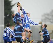 8 March 2011; Conor Levingstone, right, Colaiste Bhride Carnew, Co. Wicklow, and team-mate Aoidh Doyle, centre, contest a high ball against Ciaran Cahill, Gallen Community School, Ferbane, Co. Offaly. Leinster Vocational Schools Senior Football “A” Final, Colaiste Bhride Carnew, Co. Wicklow v Gallen Community School, Ferbane, Co. Offaly, O’Moore Park, Portlaoise, Co. Laois. Picture credit: Barry Cregg / SPORTSFILE