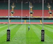 11 March 2011; Ireland's Ronan O'Gara practices his kicking during the squad captain's run ahead of their RBS Six Nations Rugby Championship match against Wales on Saturday. Ireland Rugby Squad Captain's Run, Millennium Stadium, Cardiff, Wales. Picture credit: Matt Browne / SPORTSFILE