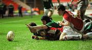 11 March 2011; Daniel Qualter, right, Ireland, with support from team-mate Paddy Jackson, tries to touch the ball for a try as Lewis Jones, bottom, and Ben Thomas, Wales close in. U20 Six Nations Rugby Championship, Wales v Ireland, Parc y Scarlets, Llanelli, Carmarthenshire, Wales. Picture credit: Barry Cregg / SPORTSFILE