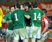 11 March 2011; David Doyle, Ireland, celebrates his late try, which levelled the score,with team-mates James Tracy, 1, and Craig Gilroy,14. U20 Six Nations Rugby Championship, Wales v Ireland, Parc y Scarlets, Llanelli, Carmarthenshire, Wales. Picture credit: Matt Browne / SPORTSFILE