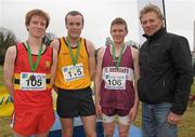 12 March 2011; Shane Quinn, De La Salle, Waterford, who won the Senior Boys at the AVIVA All-Ireland Schools Cross Country Championships 2011, with 2nd place Kevin Dooney, left, CBC Monkstown, 3rd place Liam Brady, St. Brendan's Birr and Eamonn Coghlan, right. National Sports Campus, Abbotstown, Dublin. Photo by Sportsfile