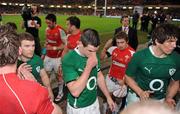 12 March 2011; Gordon D'Arcy, left, Jonathan Sexton and Donncha O'Callaghan, right, Ireland, leave the field after the game. RBS Six Nations Rugby Championship, Wales v Ireland, Millennium Stadium, Cardiff, Wales. Picture credit: Matt Browne / SPORTSFILE