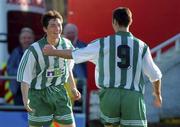 28 October 2001; Colm Tresson of Bray Wanderers, left,  celebrates with team-mate Stephen Fox after scoring his side's first goal during the eircom League Premier Division match between Cork City and Bray Wanderers at Turners Cross in Cork. Photo by Brendan Moran/Sportsfile
