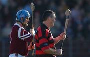 28 October 2001; Paul Foley of Ballygunner and Donal Cahill of St Joseph's Doora Barefield use their hurleys to shade their eyes during the AIB Munster Senior Club Hurling Championship Quarter-Final match between Ballygunner and St Joseph's Doora Barefield at Walsh Park in Waterford. Photo by Ray McManus/Sportsfile