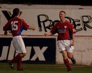 29 October 2001; Philip Byrne of Shelbourne, right, celebrates with team-mates after scoring his side's first goal during the eircom League Cup Round 1 match between Shelbourne and Shamrock Rovers at Tolka Park in Dublin. Photo by Ray McManus/Sportsfile