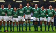 13 October 2001; Irish players, from left, Eric Miller, Anthony Foley, Peter Stringer, Mick Galwey, Malcolm O'Kelly, John Hayes, Peter Clohessy and Keith Wood stand for the Anthems before the start of the game against Wales. Wales v Ireland, Lloyds TSB Six Nations Championship, Millennium Stadium, Cardiff, Wales. Rugby. Picture credit; Matt Browne / SPORTSFILE *EDI*