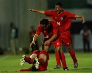 31 October 2001; Kharim Bagheri of Iran, left, celebrates with team-mates Ali Karimi, centre, and Mujahed Khaziravi,right, after scoring his side's second goal during the 2002 FIFA World Cup AFC Qualification Play-Off 2nd Leg match between United Arab Emirates and Iran the at Al-Nahyan Stadium in Abu Dhabi, United Arab Emirates. Photo by David Maher/Sportsfile