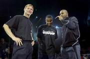 1 November 2001; Republic of Ireland striker Clinton Morrison, centre, and England and Spurs striker Teddy Sheringham, left, are interviewed at the Nike Freestyle event at the Point Theatre in Dublin. Photo by Brendan Moran/Sportsfile