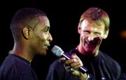 1 November 2001; Republic of Ireland striker Clinton Morrison, left, and England and Spurs striker Teddy Sheringham in attendance at the Nike Freestyle event at the Point Theatre in Dublin. Photo by Brendan Moran/Sportsfile