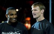 1 November 2001; Republic of Ireland striker Clinton Morrison, left, and England and Spurs striker Teddy Sheringham in attendance at the Nike Freestyle event at the Point Theatre in Dublin. Photo by Brendan Moran/Sportsfile