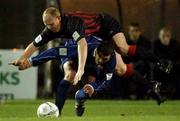 2 November 2001; Dave Hill of Bohemians, in action against Alan O'Shaughnessy of Galway United during the eircom League Premier Division match betweeb Bohemians and Galway United at Dalymount Park in Dublin. Photo by David Maher/Sportsfile