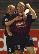 2 November 2001; Glen Crowe of Bohemians, right, celebrates after scoring his sides second goal with team-mate Gary O'Neil, during the eircom League Premier Division match between Bohemians and Galway United at Dalymount Park in Dublin. Photo by David Maher/Sportsfile