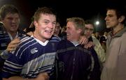 2 November 2001; Brian O'Driscoll of Leinster, celebrates with team coach Matt Williams after their win over Newport in the Heineken Cup Pool 6 Round 4 match between Newport and Leinster at Rodney Parade in Newport, Wales. Photo by Matt Browne/Sportsfile