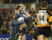 2 November 2001; Bob Casey of Leinster, celebrates with team-mate Simon Keogh, while No14 Matt Mostyn of Newport looks on following the Heineken Cup Pool 6 Round 4 match between Newport and Leinster at Rodney Parade in Newport, Wales. Photo by Matt Browne/Sportsfile