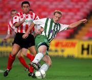 4 November 2001; Paul Keegan of Bray in action against Eddie McCallion of Derry City during the eircom League Premier Division match between Bray Wanderers and Derry City at the Carlisle Grounds in Bray, Wicklow. Photo by Ray Lohan/Sportsfile