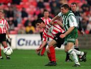 4 November 2001; Eamon Doherty of Derry City in action against Eddie Gormley of Bray Wanderers during the eircom League Premier Division match between Bray Wanderers and Derry City at the Carlisle Grounds in Bray, Wicklow. Photo by Ray Lohan/Sportsfile