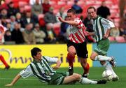 4 November 2001; Tommy McCallion of Derry City in action against Colm Tresson of Bray Wanderers during the eircom League Premier Division match between Bray Wanderers and Derry City at the Carlisle Grounds in Bray, Wicklow. Photo by Ray Lohan/Sportsfile