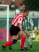 4 November 2001; Liam Coyle of Derry City in action against Mick Doohan of Bray Wanderers during the eircom League Premier Division match between Bray Wanderers and Derry City at the Carlisle Grounds in Bray, Wicklow. Photo by Ray Lohan/Sportsfile