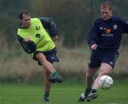 6 November 2001; Jason McAteer, left, in action against team-mate Steve Staunton during a Republic of Ireland Squad Training Session at AUL Complex in Clonshaugh, Dublin. Photo by David Maher/Sportsfile