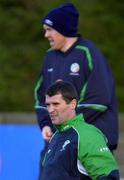 8 November 2001; Roy Keane, with Steve Staunton in the background, during a Republic of Ireland Squad Training Session at John Hyland Park in Baldonnell, Dublin, ahead of the World Cup Play-off with Iran. Photo by Brendan Moran/Sportsfile