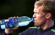 8 November 2001; Steve Staunton takes a drink during a Republic of Ireland Squad Training Session at John Hyland Park in Baldonnell, Dublin, ahead of the World Cup Play-off with Iran. Photo by Brendan Moran/Sportsfile