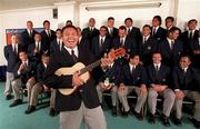 8 November 2001; Western Samoa's Afato So'oalo practices a song in front of his team-mates at their Dublin hotel prior to their friendly Rugby International against Ireland at Lansdowne Road on Sunday next. Photo by Brendan Moran/Sportsfile