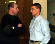 10 November 2001; DJ Carey, left, in conversation with James O'Connor, President of the GPA, ahead of the start of the GPA AGM at the Montague Hotel in Portlaois, Laois. Photo by Aofie Rice/Sportsfile