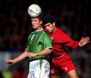 10 November 2001; Niall Quinn of Republic of Ireland in action against Rahman Rezaei of Iran during the 2002 FIFA World Cup Qualification Play-Off Final First Leg match between Republic of Ireland and Iran at Lansdowne Road in Dublin. Photo by David Maher/Sportsfile