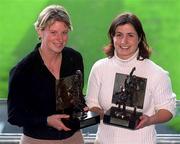 12 November 2001; Laois Footballer Mary Kirwan left, and Tipperary Camogie player Ciara Gaynor, pictured with their awards after both players were jointly awarded the Eircell Vodafone Player of the Month Award for October during a ceremony at Croke Park in Dublin. Photo by Aofie Rice/Sportsfile