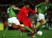 10 November 2001; Mehrdad Minavand of Iran, in action against Steve Finnan, left, and Niall Quinn, both of Republic of Ireland, during the 2002 FIFA World Cup Qualification Play-Off Final First Leg match between Republic of Ireland and Iran at Lansdowne Road in Dublin. Photo by David Maher/Sportsfile