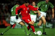10 November 2001; Mehrdad Minavand of Iran, in action against Steve Finnan, left, and Niall Quinn, both of Republic of Ireland, during the 2002 FIFA World Cup Qualification Play-Off Final First Leg match between Republic of Ireland and Iran at Lansdowne Road in Dublin. Photo by David Maher/Sportsfile