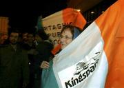 12 November 2001; Irish fan Andrea Murtagh, from Kingscourt in Cavan pictured after the Irish team's arrival at Tehran Airport in Iran, ahead of the 2nd Leg of the World Cup Qualifying Play off against Iran. Photo by David Maher/Sportsfile