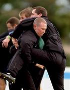 13 November 2001; Peter Stringer, left, tackles Guy Easterby during an Ireland Rugby Squad Training at Dr Hickey Park in Greystones, Wicklow. Photo by Matt Browne/Sportsfile
