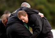 13 November 2001; Denis Hickie, right, and Peter Clohessy, left, tackle team captain Keath Wood during an Ireland Rugby Squad Training at Dr Hickey Park in Greystones, Wicklow. Photo by Matt Browne/Sportsfile