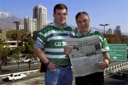 14 November 2001; Republic of Ireland soccer fans Rory Murphy, left, from Ennis, Clare, and Vincent Kelly from Kilrush, Clare catch up with the latest news on the match in the daily newspaper, the Iran News, ahead of the Iran v Republic of Ireland - 2002 FIFA World Cup Qualification Play-Off Final Second Leg. Photo by Brendan Moran/Sportsfile