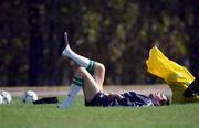 14 November 2001; Gary Breen who did not take part during the squad training session, stretches his leg during a Republic of Ireland Squad Training Session at Azadi Sports Complex in Tehran, Iran. Photo by David Maher/Sportsfile