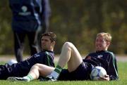 14 November 2001; Niall Quinn, left, and Steve Staunton, watch their team-mates in action, neither player took part during a Republic of Ireland Squad Training Session at Azadi Sports Complex in Tehran, Iran. Photo by David Maher/Sportsfile