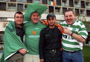 14 November 2001; An Iranian soldier and Republic of Ireland fans, from left, Kevin Smith from Summerhill, Sligo, John Kearney from Castleknock, Dublin, centre, and  Vincent Murray from Connolly Street, Sligo, pictured at the Estegal Grand Hotel in Tehran, Iran, ahead of the Iran v Republic of Ireland - 2002 FIFA World Cup Qualification Play-Off Final Second Leg. Photo by Ray McManus/Sportsfile