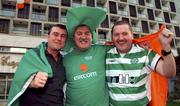 14 November 2001; Republic of Ireland fans, from left, Kevin Smith from Summerhill, Sligo, John Kearney from Castleknock, Dublin, and  Vincent Murray from Connolly Street, Sligo, pictured at the Estegal Grand Hotel in Tehran, Iran, ahead of the Iran v Republic of Ireland - 2002 FIFA World Cup Qualification Play-Off Final Second Leg. Photo by Ray McManus/Sportsfile