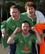15 November 2001; Republic of Ireland fans, David O'Sullivan from Waterford, top, Timmy Galvin from Tralee, and Peter Kerins from Dublin, pictured at the Estegal Grand Hotel in Tehran, Iran, ahead of the Iran v Republic of Ireland - 2002 FIFA World Cup Qualification Play-Off Final Second Leg. Photo by Ray McManus/Sportsfile