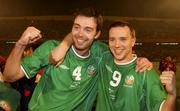 15 November 2001; Republic of Ireland players Gary Breen, left, and David Connolly celebrate qualification for the World Cup Finals following the 2002 FIFA World Cup Qualification Play-Off Final Second Leg match between Iran and the Republic of Ireland at Azadi Stadium in Tehran, Iran. Photo by David Maher/Sportsfile