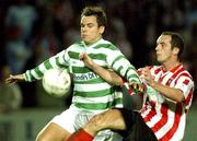 16 November 2001; Stephen Grant of Shamrock Rovers in action against Paddy McLaughlin of Derry City during the eircom League Premier Division match between Shamrock Rovers and Derry City at Richmond Park in Dublin. Photo by Matt Browne/Sportsfile